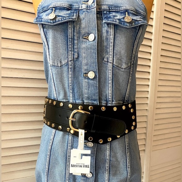 🆕 True Religion Belt Womens Small Medium Black Wide Studded Elastic Stretch NWT - Picture 2 of 10